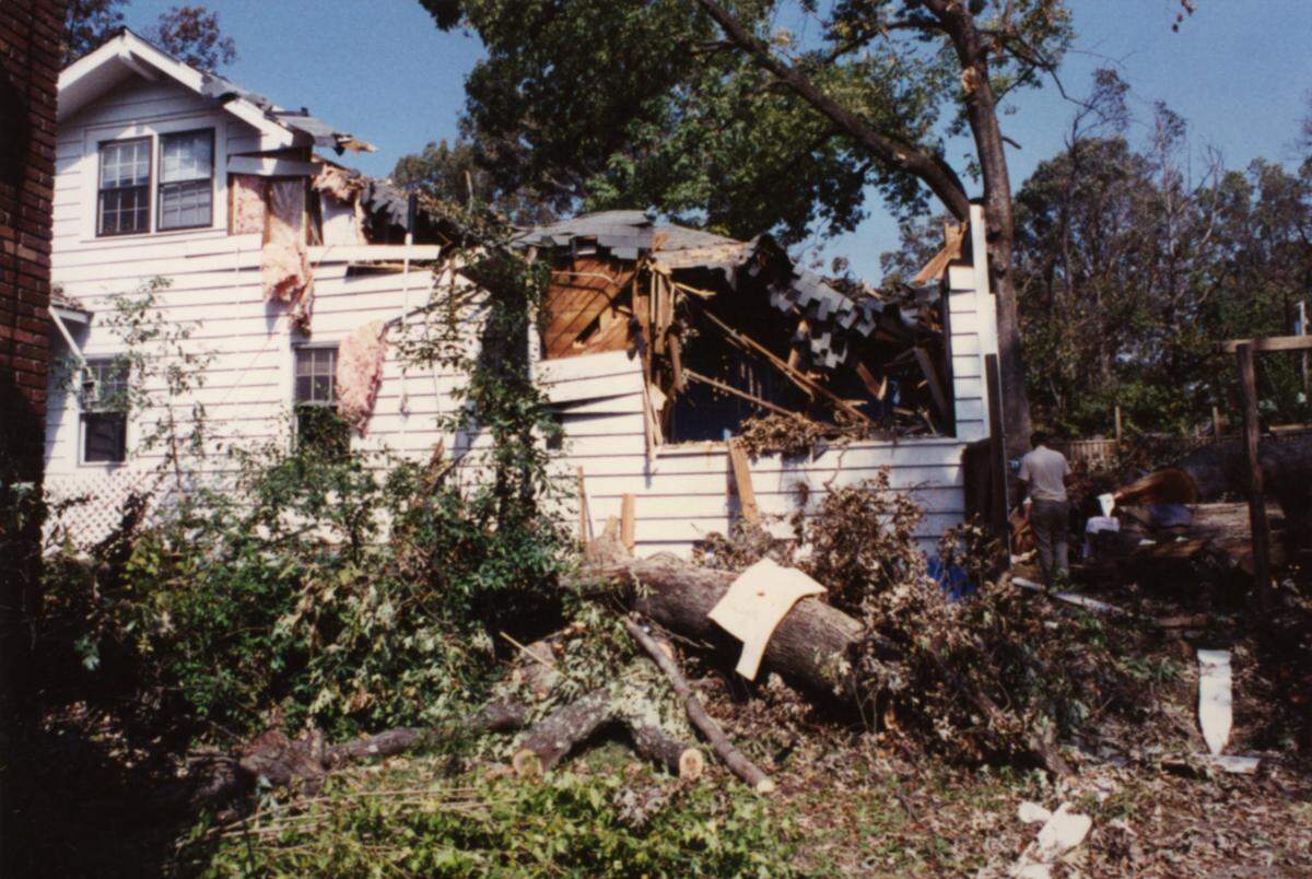 Karen Geiger nearly died when a 100-year-old oak crashed into her house and pinned her to the floor as Hugo raged through Charlotte Sept. 22, 1989. It took firefighters two hours to extract her and, while they worked , another tree crashed into their truck.