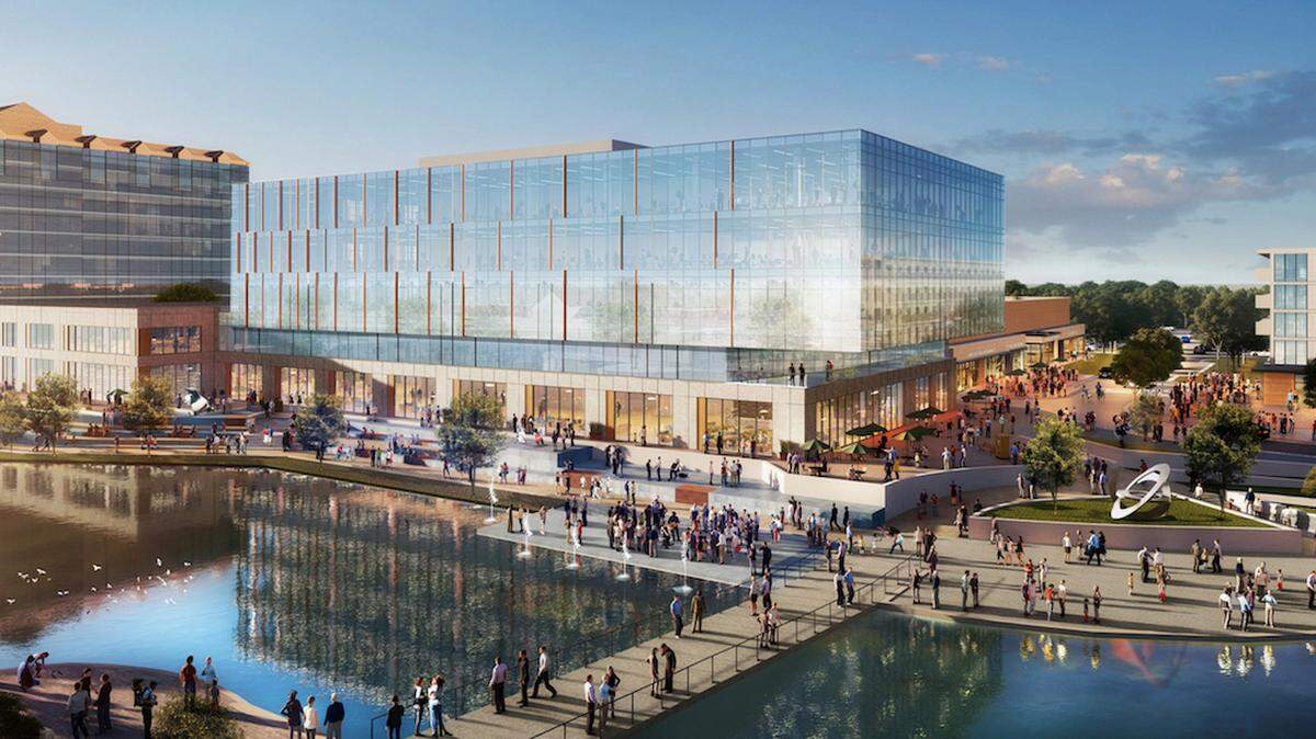 EB Arrow plans a five-story glass office building that will overlook a lake.