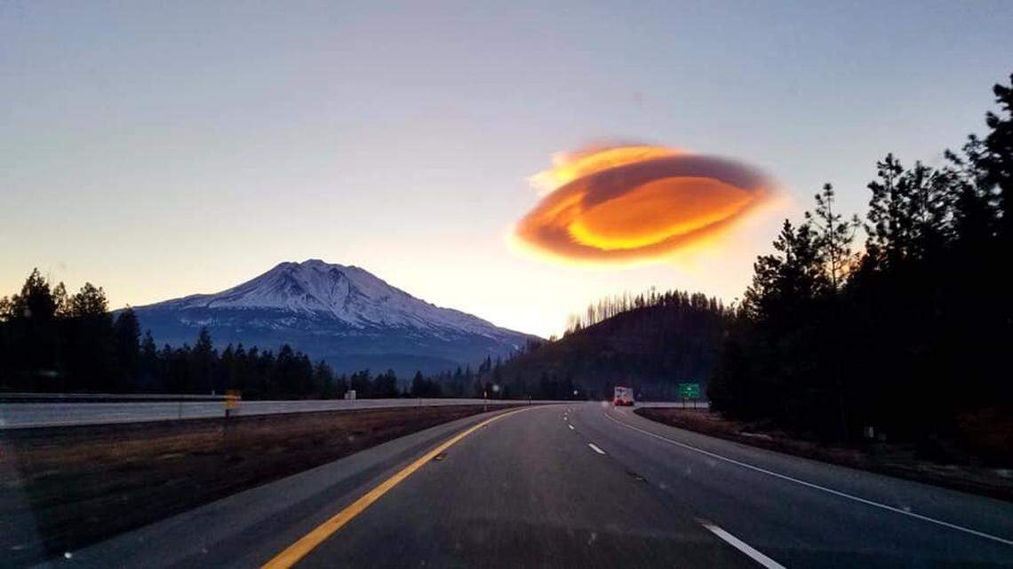 A glowing orb that could be easily mistaken for a UFO was photographed Feb. 12, 2020, over Mount Shasta in California. It was a cloud, the U.S. Forest Service says.