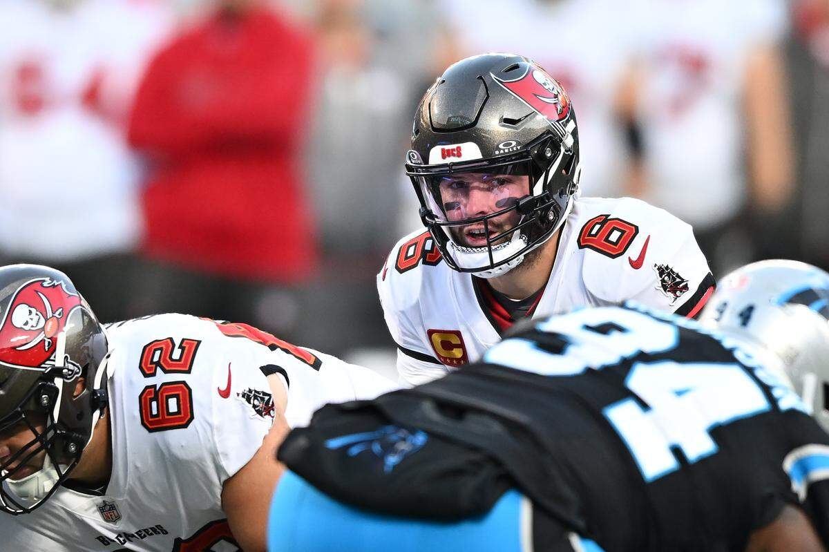 CHARLOTTE, NORTH CAROLINA - DECEMBER 01: Quarterback Baker Mayfield #6 of the Tampa Bay Buccaneers looks on during the first quarter of a game against the Carolina Panthers at Bank of America Stadium on December 01, 2024 in Charlotte, North Carolina. (Photo by Matt Kelley/Getty Images)