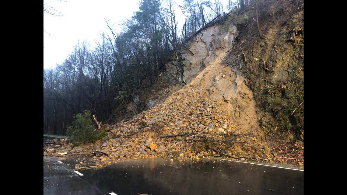 Relentless rain in southeast blamed for multiple mud and rock slides, the latest of which is blocking one of the nation’s busiest tourist highways outside the Great Smoky Mountains National Park.