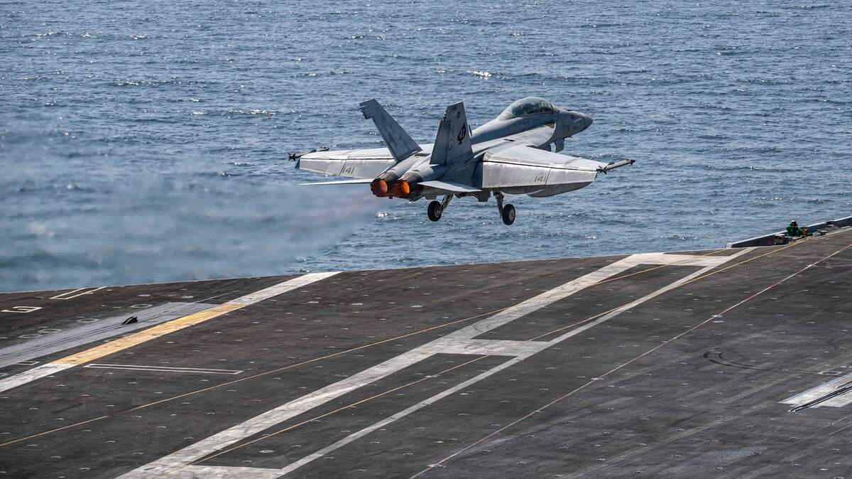 An F/A-18F Super Hornet, attached to Strike Fighter Squadron 41, takes off from the flight deck of Nimitz-class aircraft carrier USS Abraham Lincoln in support of Operation Epic Fury, Feb. 28.