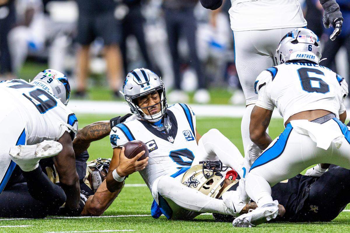 Carolina Panthers quarterback Bryce Young (9) had another long day Sunday, as the Panthers lost their season opener 47-10 to New Orleans. Young threw an interception on Carolina’s first offensive play.