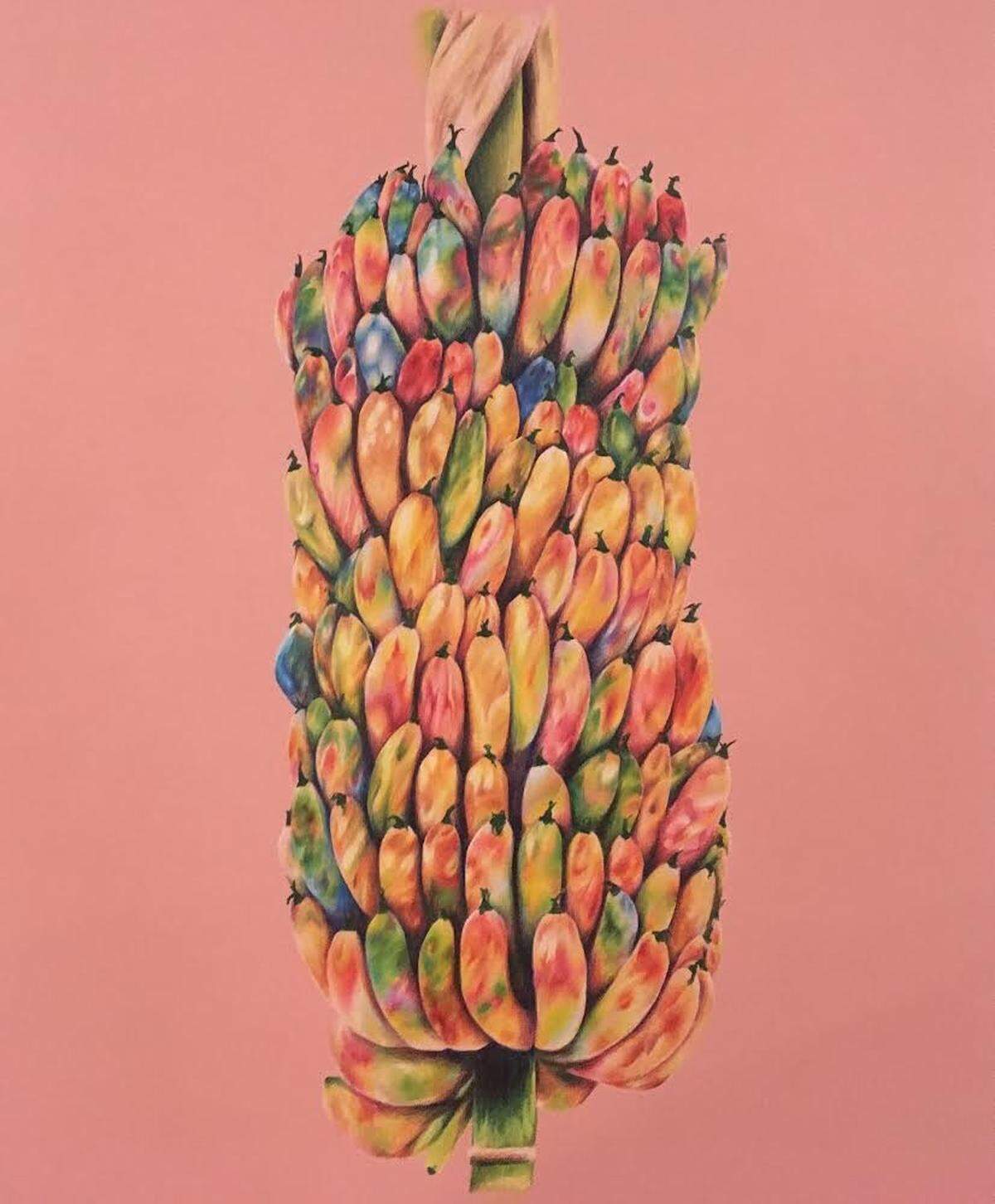 Irisol Gonzalez says her “Racimo” painting questions what developing nations export and what they keep for their own people. In U.S. grocery stores bananas rarely have marks on them, she says, but in Latin America it’s rare for bananas not to have marks.