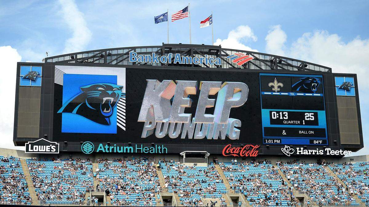 The Carolina Panthers encouraged fans to chant the Keep Pounding motto against the New Orleans Saints on Sunday, September 18, 2021 at Bank of America Stadium in Charlotte, NC. The Panthers defeated the Saints 26-7.