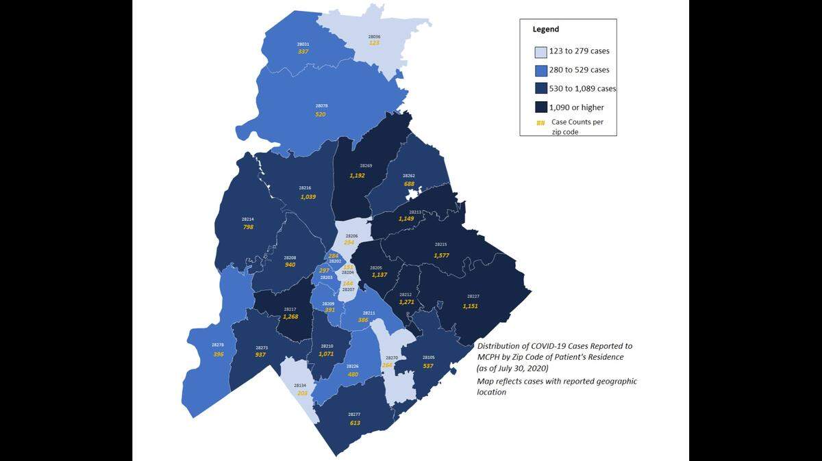 Distribution of COVID-19 cases reported to MCPH by zip code of patient’s residence, as of July 29, 2020.