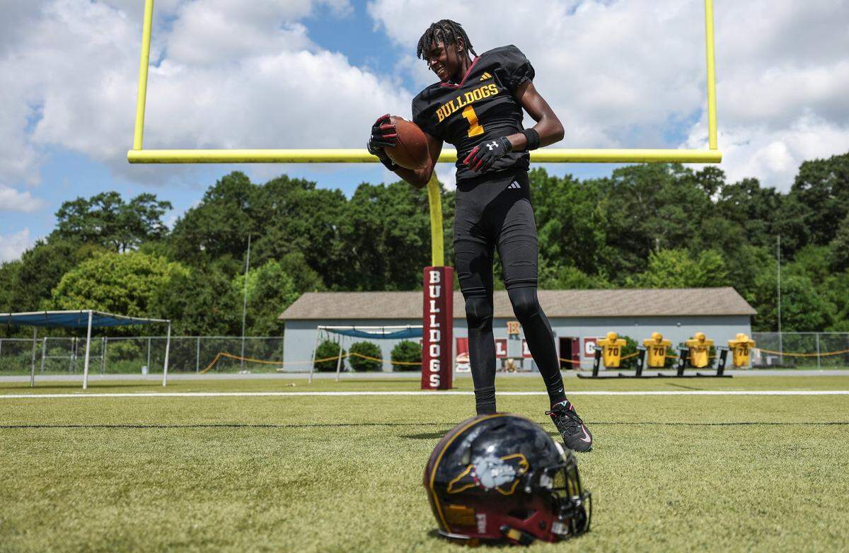 Jay M. Robinson wide receiver Brian Rowe, a top NC talent who has committed to the University of South Carolina, poses for a portrait after practice in Concord, NC on Tuesday, July 23, 2024.