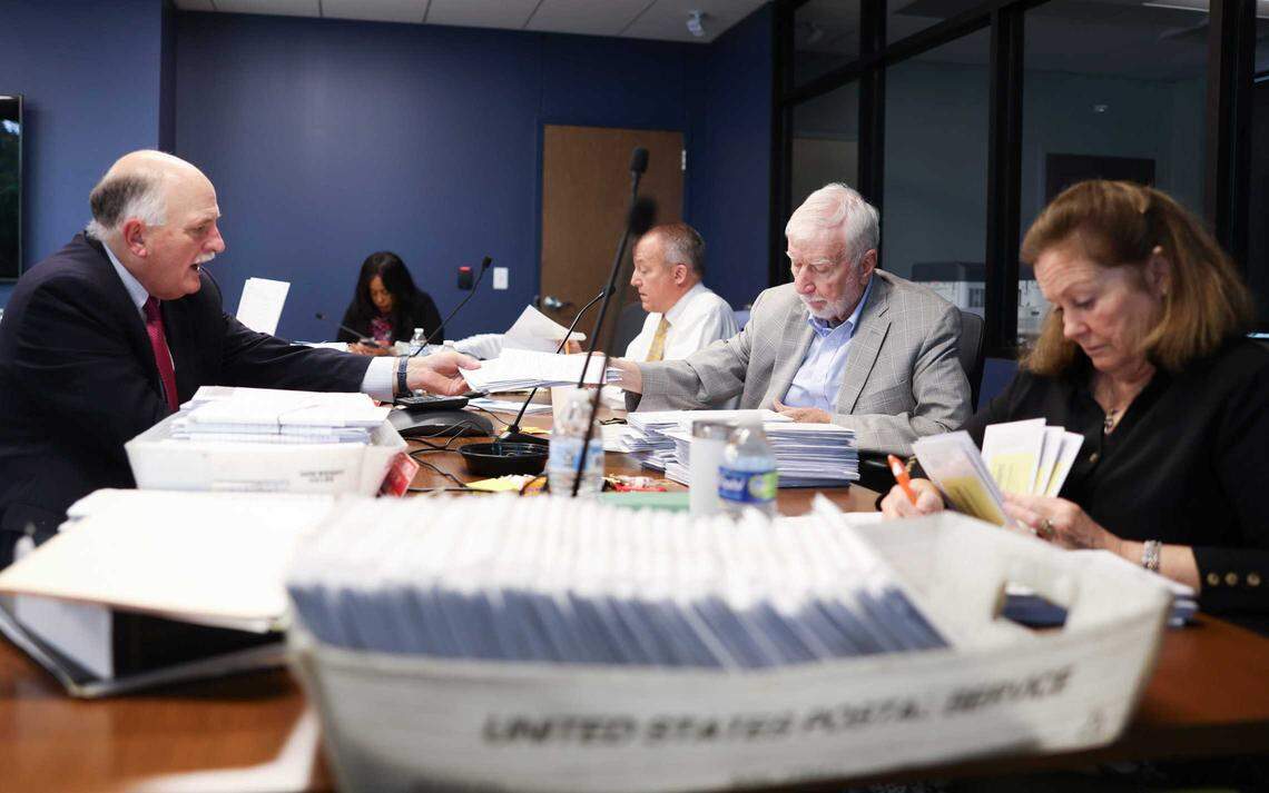 Board members count the ballots at Mecklenburg County Board of Elections Monday.