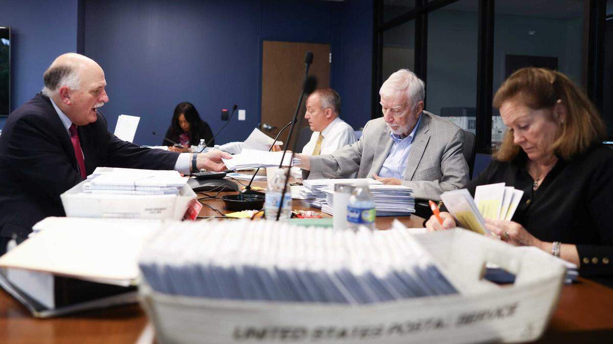 Members of the Mecklenburg County Board of Elections count ballots Monday.