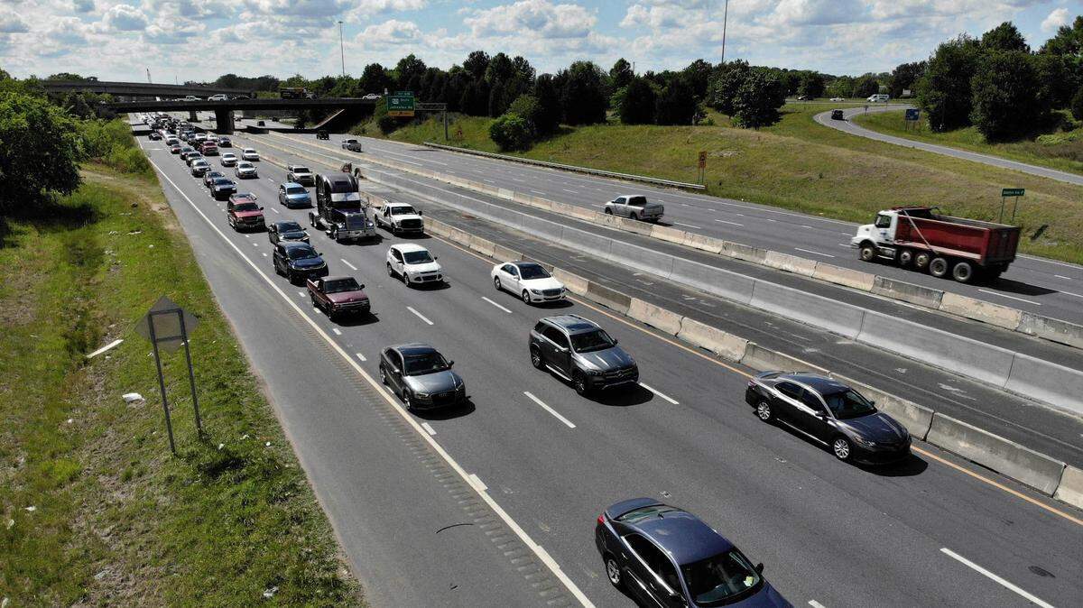 Drivers crawl along I-485 near the Johnston Road interchange on May 6, 2021. A key exit is scheduled to open as part of the I-485 toll lanes project.