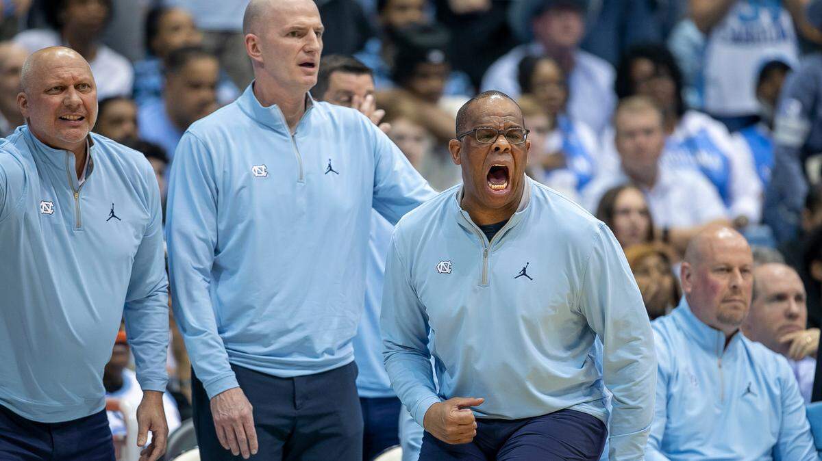 North Carolina coach Hubert Davis motivates his team on defense in the first half against Duke on Saturday, March 4, 2023 at the Smith Center in Chapel Hill, N.C. UNC lost, 62-57, to drop to the No.7 seed in next week’s ACC tournament.