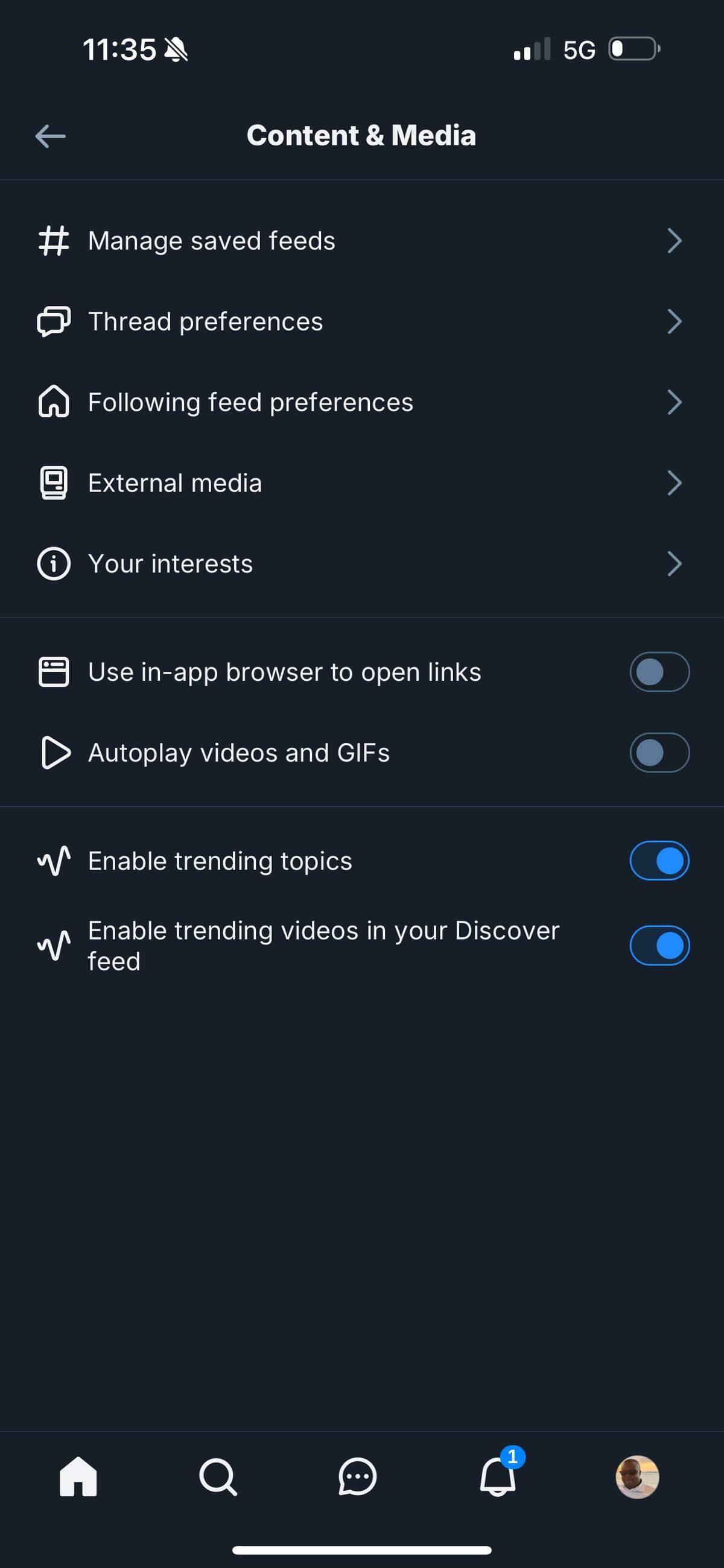 This screenshot shows the “Content & Media” page on the Bluesky app.