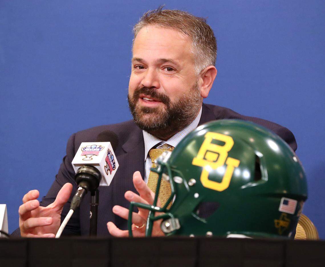 Baylor head coach Matt Rhule takes questions from the media before the Sugar Bowl last month. Rhule’s first Baylor team, in 2017, lost 11 games. His final Baylor team, in 2019, won 11.