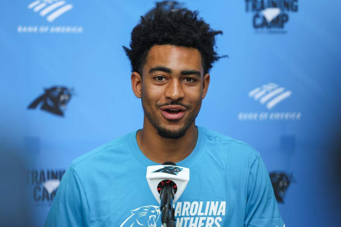 Panthers rookie quarterback Bryce Young speaks to media on player move-in day at Wofford College on Tuesday, July 25, 2023 in Spartanburg, SC.