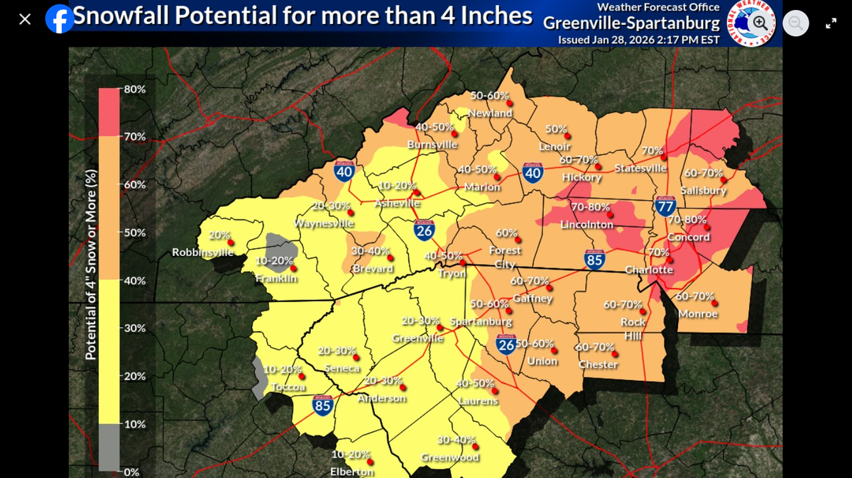 Accumulating snow is likely Friday night through Saturday night across much of Charlotte area. The amount has yet to be decided.