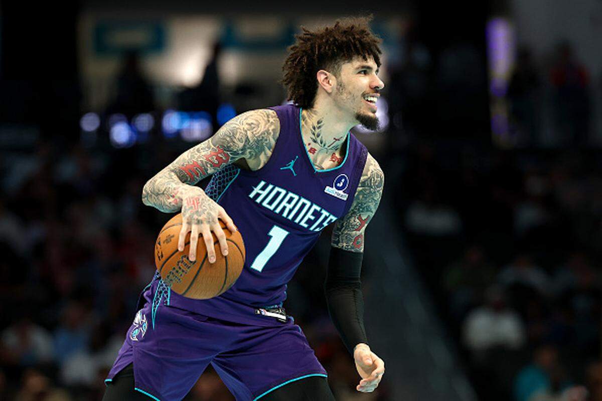 LaMelo Ball of the Charlotte Hornets dribbles.