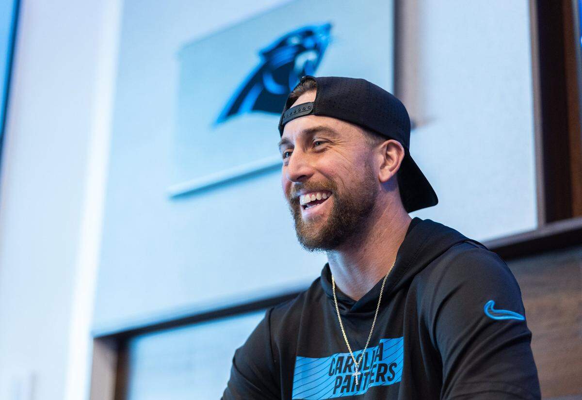 Carolina Panthers Adam Thielen speaks during an interview at the Bank of America Stadium in Charlotte, N.C., on Thursday, December 12, 2024.