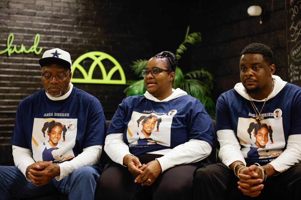 Asha Degree’s family: father Harold, left, mother Iquilla, center, and older brother, O’Bryant, sit for an interview after a march on Feb. 8, 2025, to commemorate the 25th year of Asha disappearing in Shelby.