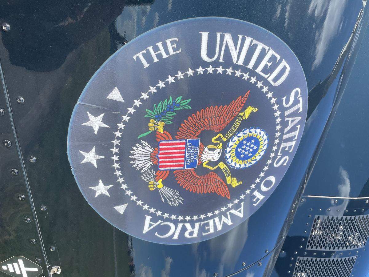 A seal on Gary Heavin’s helicopter. He’s one of the volunteer pilots making supply runs from the airport in Hickory, N.C.