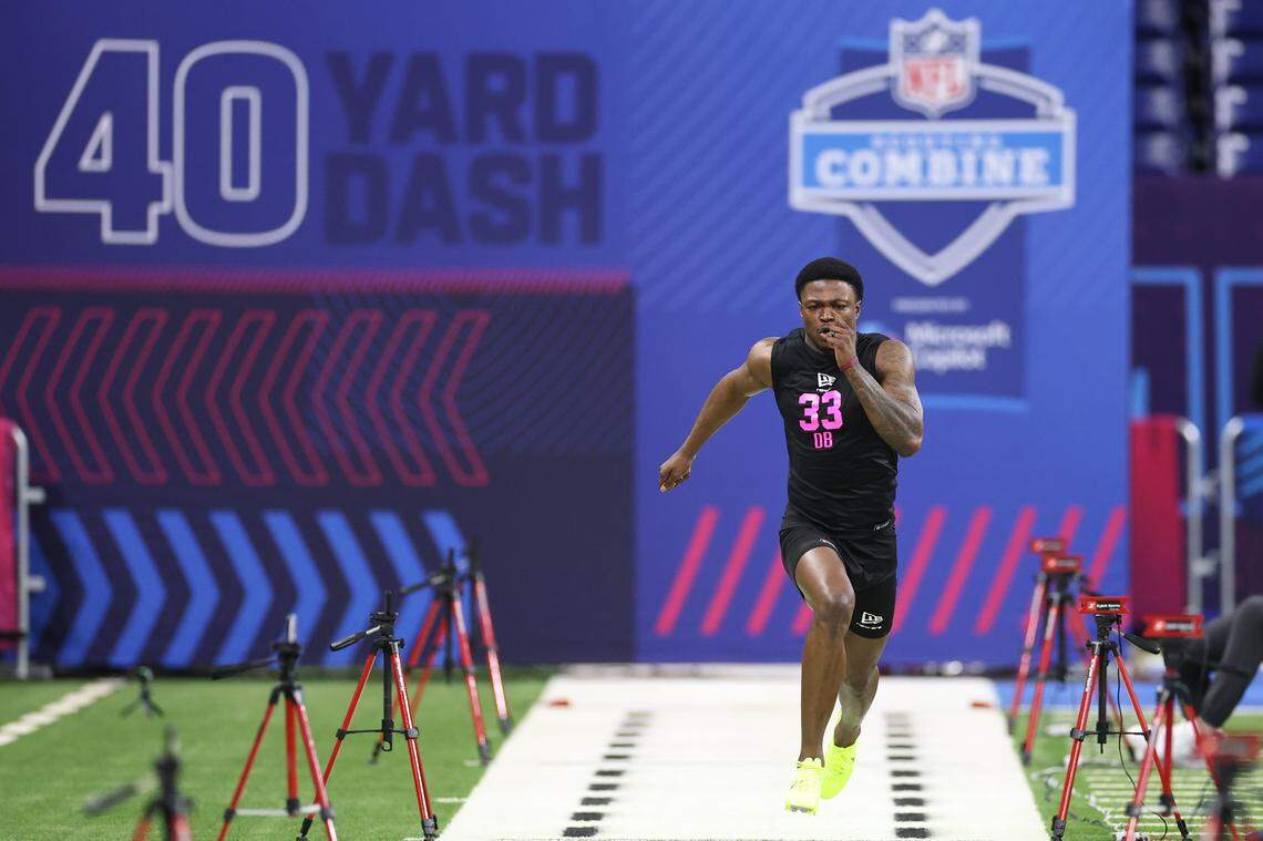 Texas Christian safety Bud Clark participates in the 40-yard dash during the NFL combine earlier this year in Indianapolis.