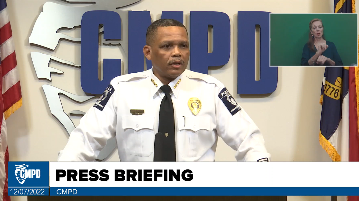 Charlotte-Mecklenburg Police Chief Johnny Jennings speaks at a Dec. 7, 2022 news conference. Jennings says the police department is currently down 250 officers and facing a record number of retirements.