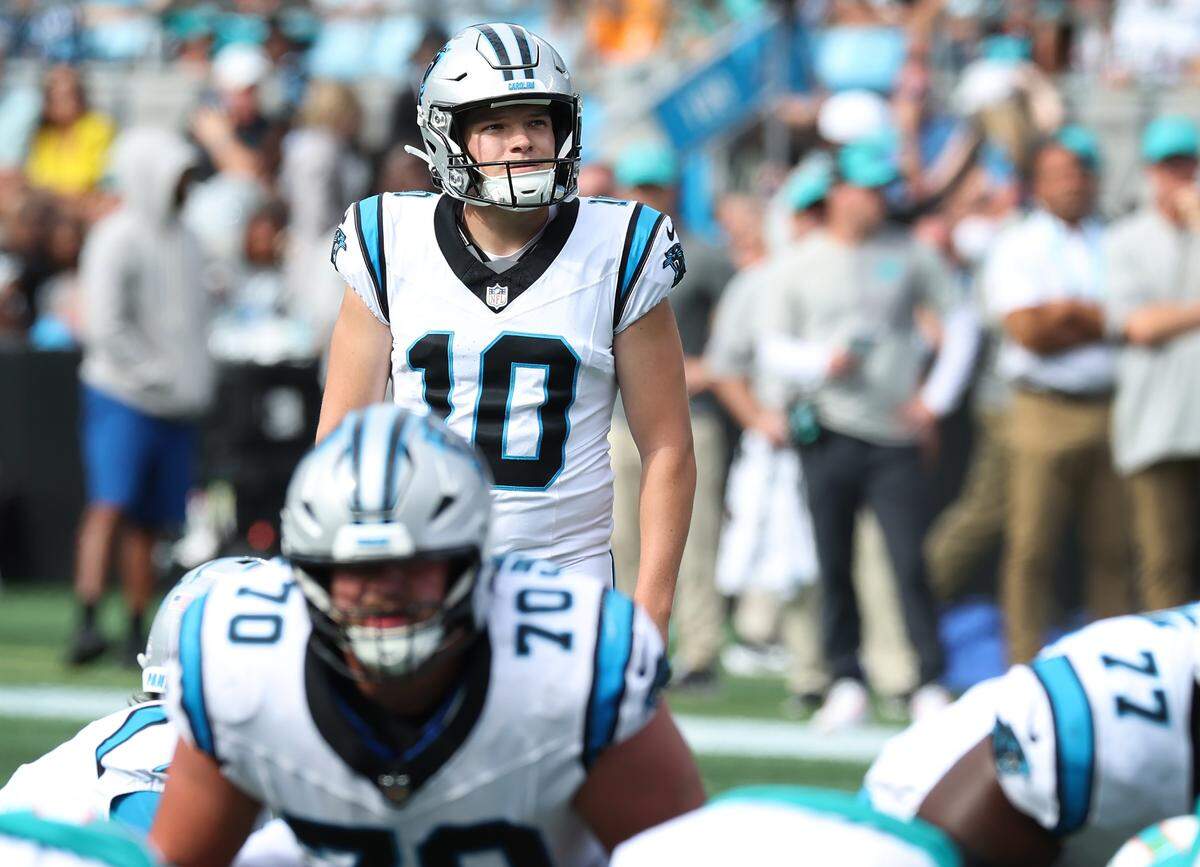 Carolina Panthers kicker Ryan Fitzgerald lines up an extra point kick against the Miami Dolphins on Sunday, October 5, 2025, at Bank of America Stadium in Charlotte, NC. The Panthers defeated the Dolphins 27-24.