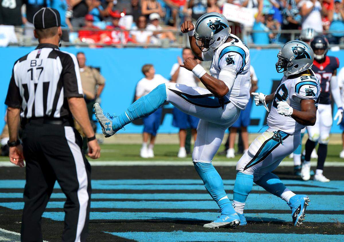 Carolina Panthers quarterback Cam Newton, shown here celebrating a touchdown in 2015, will be in Charlotte Saturday to bang the “Keep Pounding” drum and host his podcast.