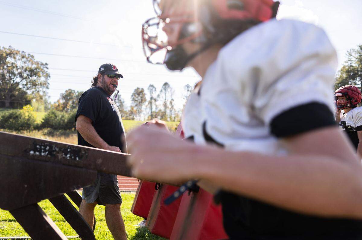 Jody Mathis coaches football at Pisgah High School in Canton, N.C., on Tuesday, October 8, 2024.