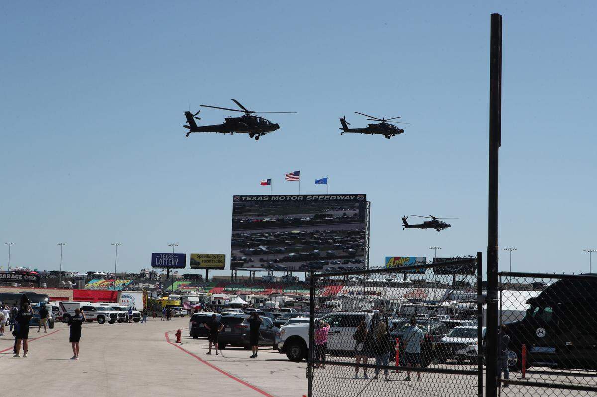 Apr 13, 2024; Fort Worth, Texas, USA; A general view of the pre-race flyover before the NASCAR Xfinity Series Andy’s Frozen Custard 300 at Texas Motor Speedway.