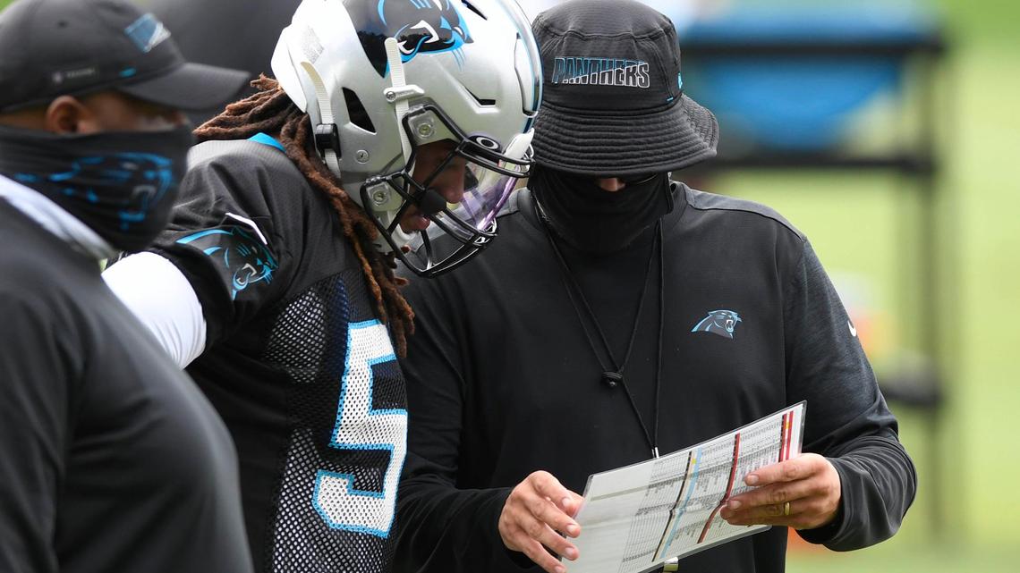 Carolina Panthers head coach Matt Rhule talks with Carolina Panthers linebacker Shaq Thompson (54) during Carolina Panthers Training Camp at the team’s training facility on Sunday, August 16, 2020.