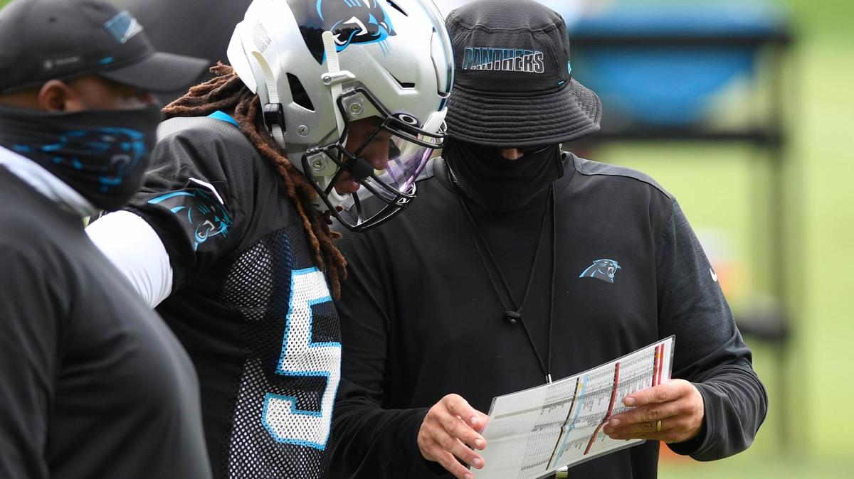 Carolina Panthers head coach Matt Rhule talks with Carolina Panthers linebacker Shaq Thompson (54) during Carolina Panthers Training Camp at the team’s training facility on Sunday, August 16, 2020.