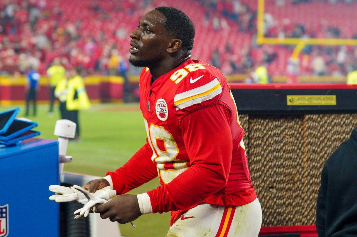 Oct 7, 2024; Kansas City, Missouri, USA; Kansas City Chiefs defensive tackle Tershawn Wharton (98) leaves the field after the game against the New Orleans Saints at GEHA Field at Arrowhead Stadium. Mandatory Credit: Denny Medley-Imagn Images