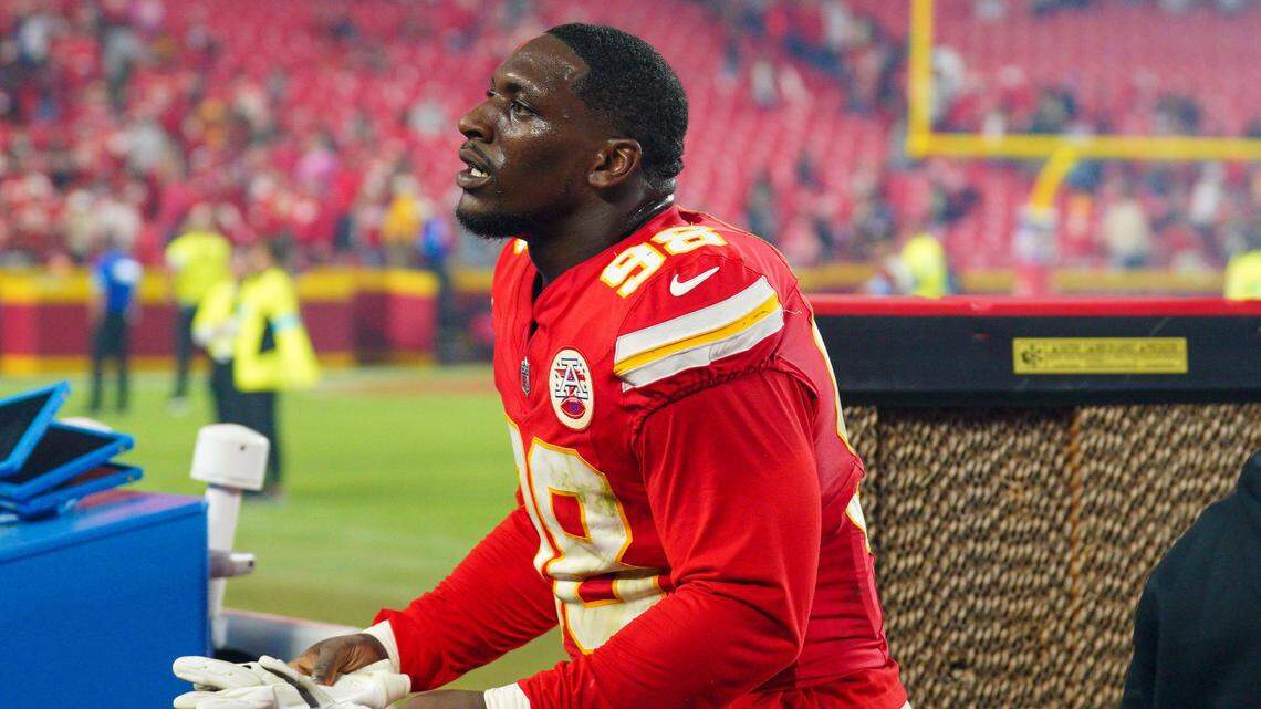 Oct 7, 2024; Kansas City, Missouri, USA; Kansas City Chiefs defensive tackle Tershawn Wharton (98) leaves the field after the game against the New Orleans Saints at GEHA Field at Arrowhead Stadium. Mandatory Credit: Denny Medley-Imagn Images