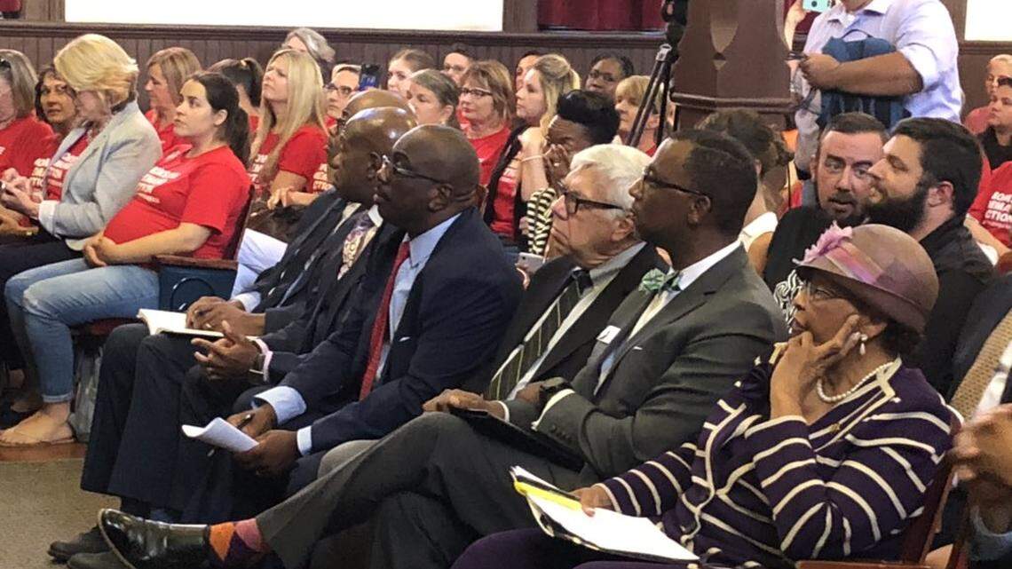 Cynthia Graham Hurd Foundation hosts a community conversation on gun violence on Aug. 15 at Johnson C. Smith University. Among the speakers seated in front: former Sen. Malcolm Graham, Meckleburg Sheriff Garry McFadden and U.S. Rep. Alma Adams.
