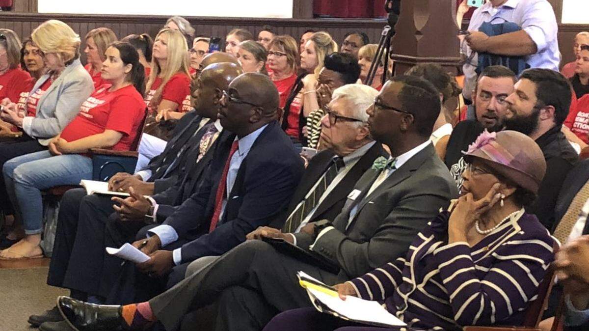 Cynthia Graham Hurd Foundation hosts a community conversation on gun violence on Aug. 15 at Johnson C. Smith University. Among the speakers seated in front: former Sen. Malcolm Graham, Meckleburg Sheriff Garry McFadden and U.S. Rep. Alma Adams.