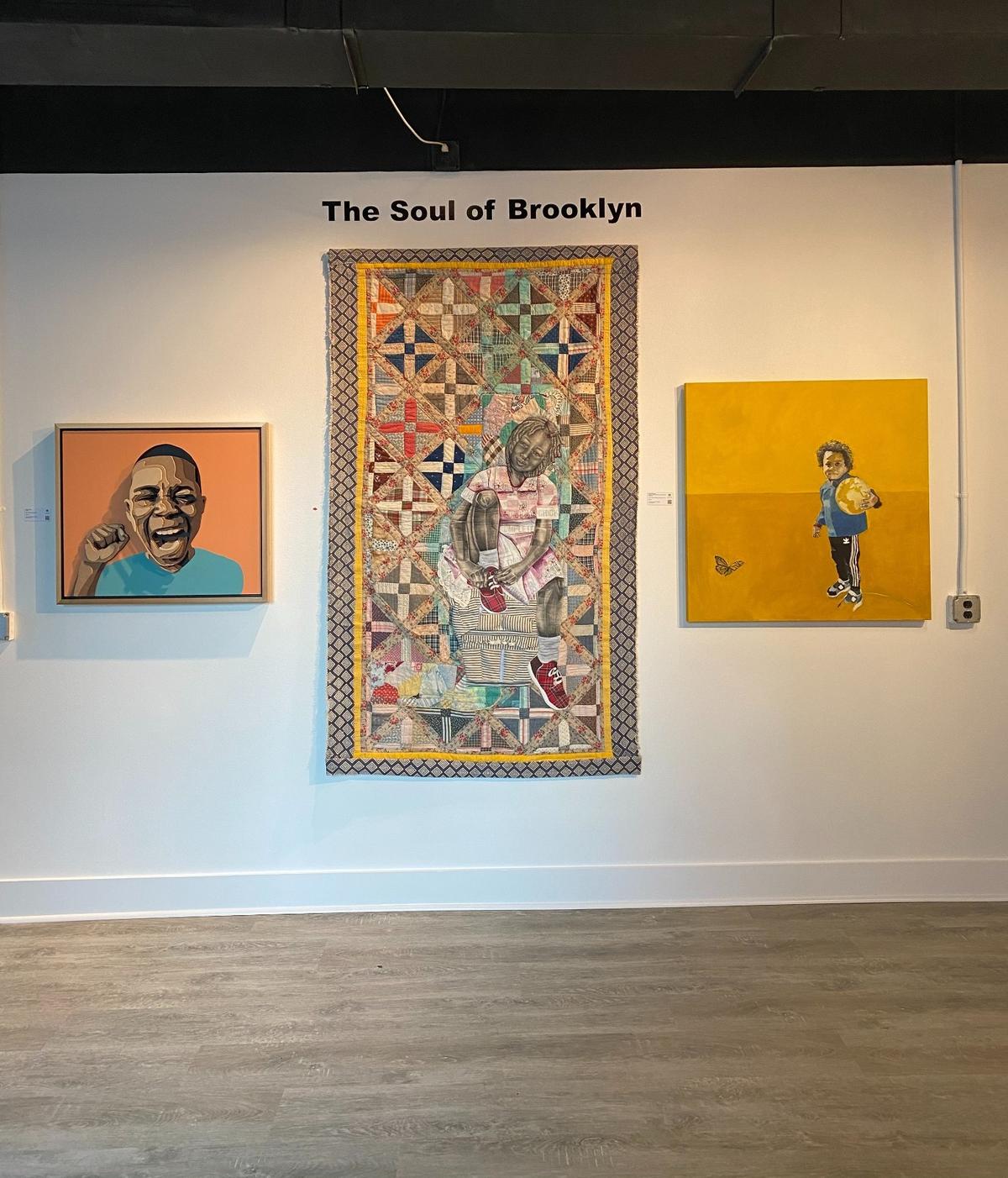 Works by Percy King (left), Beverly Smith (middle) and Dimeji Onafuwa (right), featured in the Brooklyn exhibit.