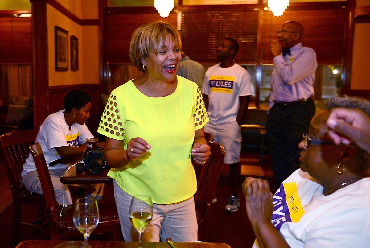 City Council at-large candidate, Vi Lyles greets supporters at The Tavern in uptown Charlotte Tuesday, Sept. 15, 2015.