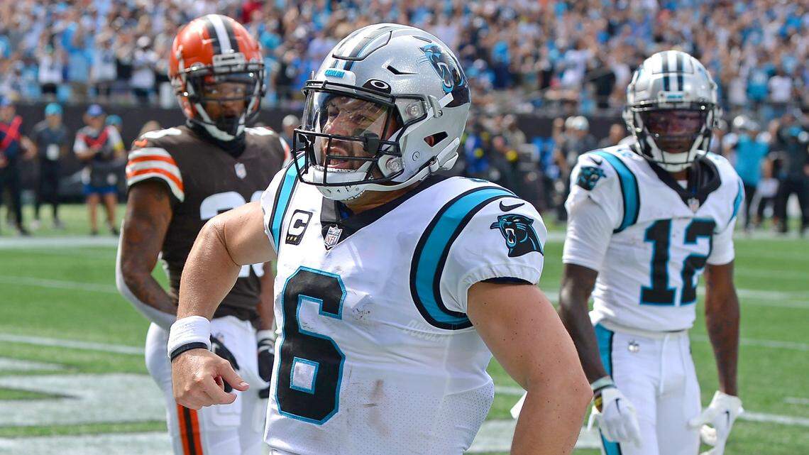 Carolina Panthers quarterback Baker Mayfield celebrates his running touchdown during fourth quarter action against the Cleveland Browns at Bank of America Stadium on Sunday, September 11, 2022. The Browns defeated the Panthers 26-24.