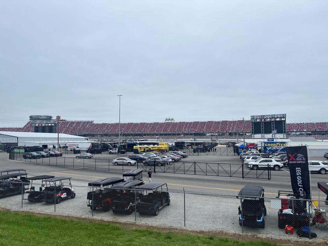 The scoring pylon at Talladega Superspeedway has been removed. Parts of the running order can be seen here on the backs of the big screens on April 20, 2024.