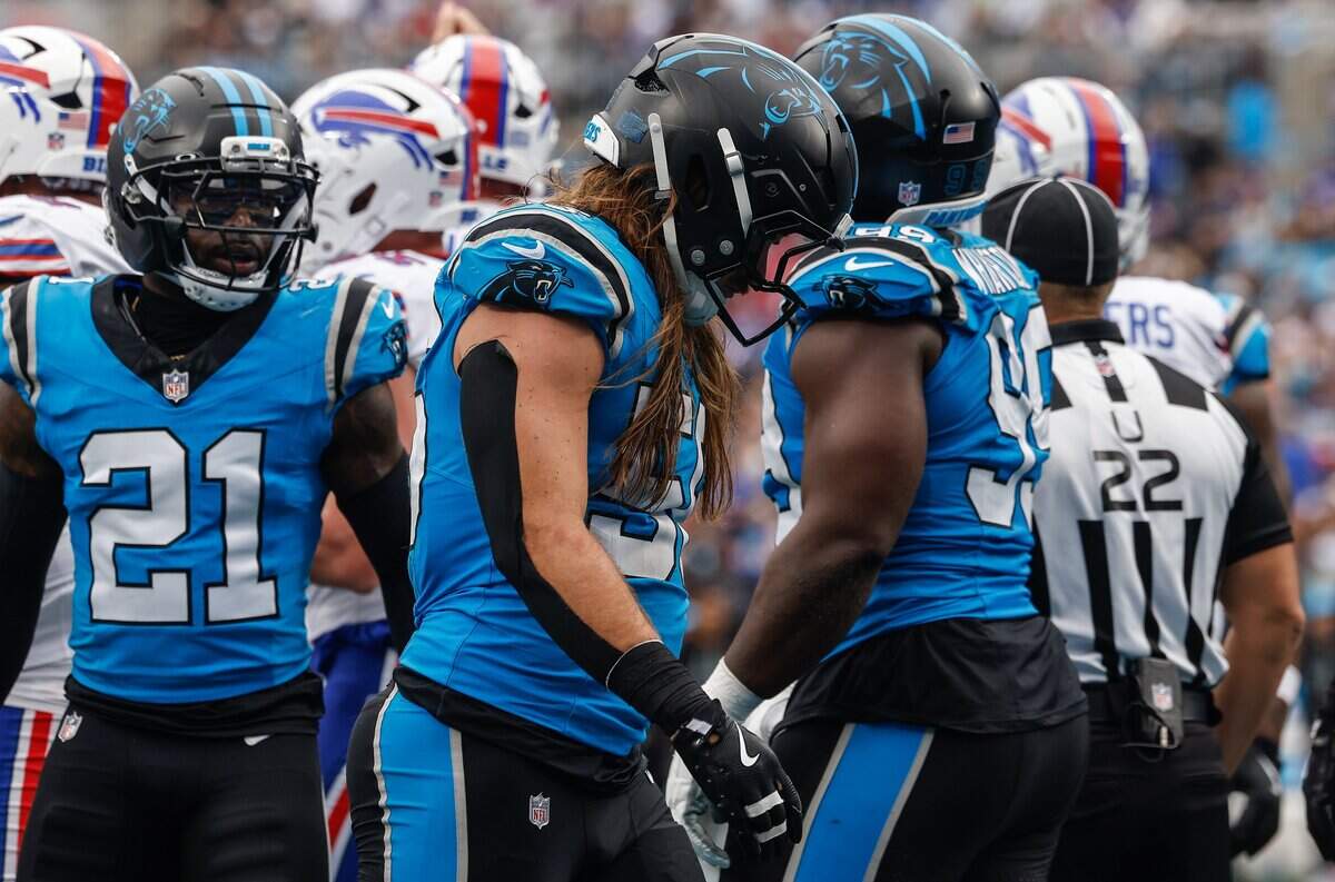 Panthers linebacker Christian Rozeboom hangs his head after the Bills score another touchdown during the game at Bank of America Stadium in Charlotte on Sunday, October 26, 2025. The Panthers lost to the Bills, 40-9.