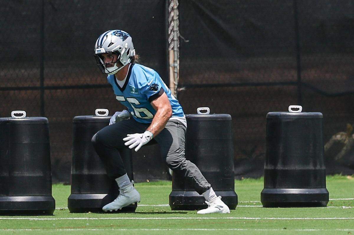 Panthers linebacker Christian Rozeboom runs through a drill during the second day of minicamp in Charlotte, NC on Wednesday, June 11, 2025.