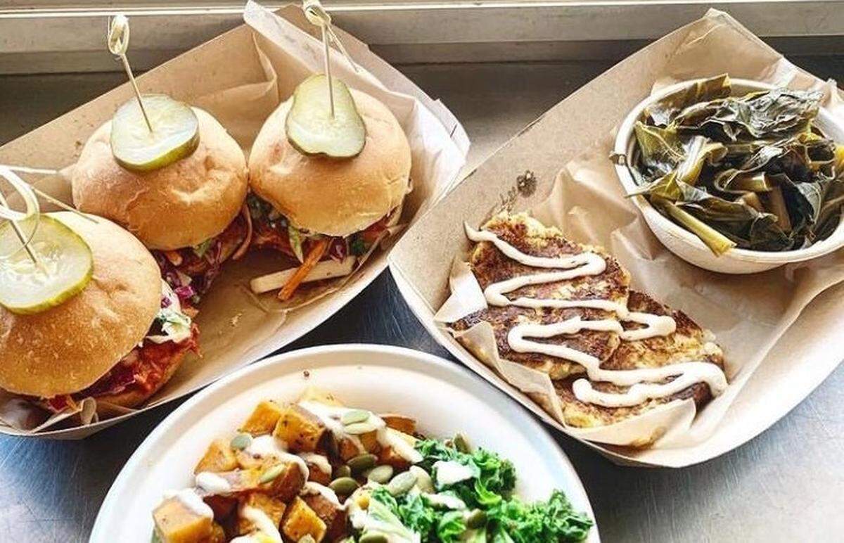 BBQ jackfruit sliders, Happy Crazies with collard greens and the power bowl at Soul MIner’s Garden.