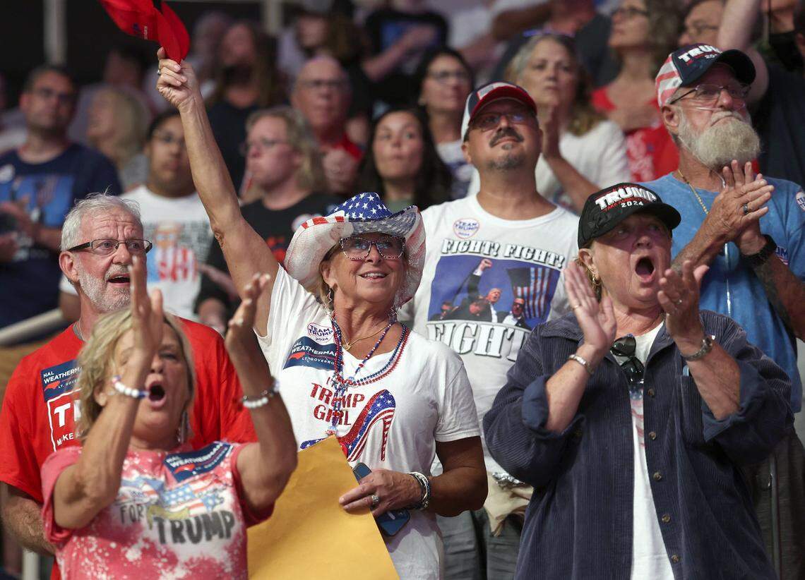Supporters of former President Donald Trump cheer during a rally at Bojangles Coliseum in Charlotte, NC on Wednesday, July 24, 2024.
