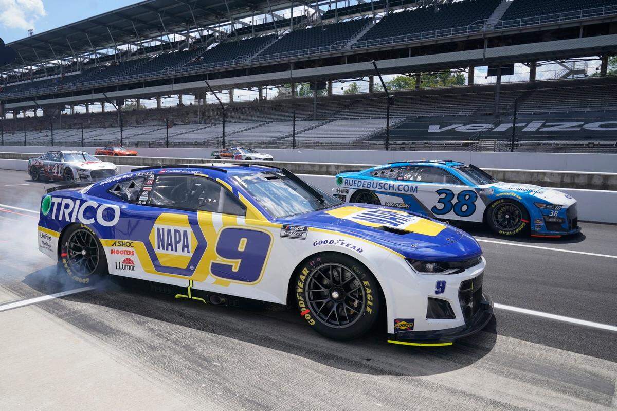 Chase Elliott leaves the pits during a NASCAR Cup Series auto race at Indianapolis Motor Speedway, Sunday, July 31, 2022, in Indianapolis. (AP Photo/Darron Cummings)