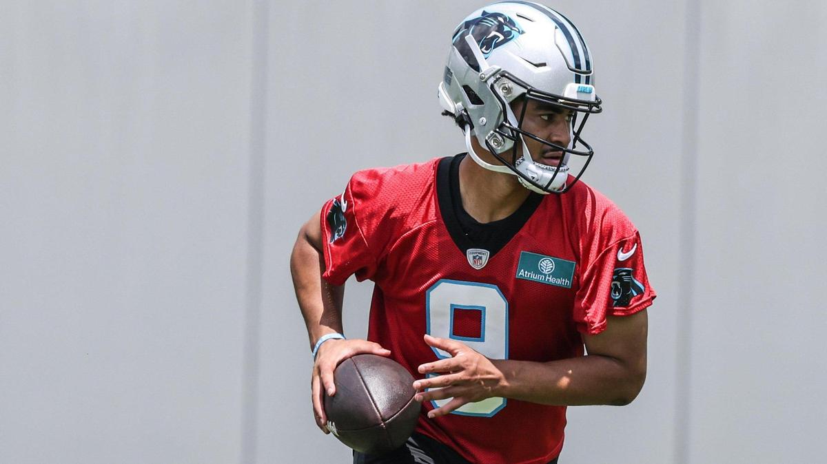 Carolina Panthers Bryce Young practices at the Carolina Panthers rookie minicamp in Charlotte, N.C., on Saturday, May 13, 2023.