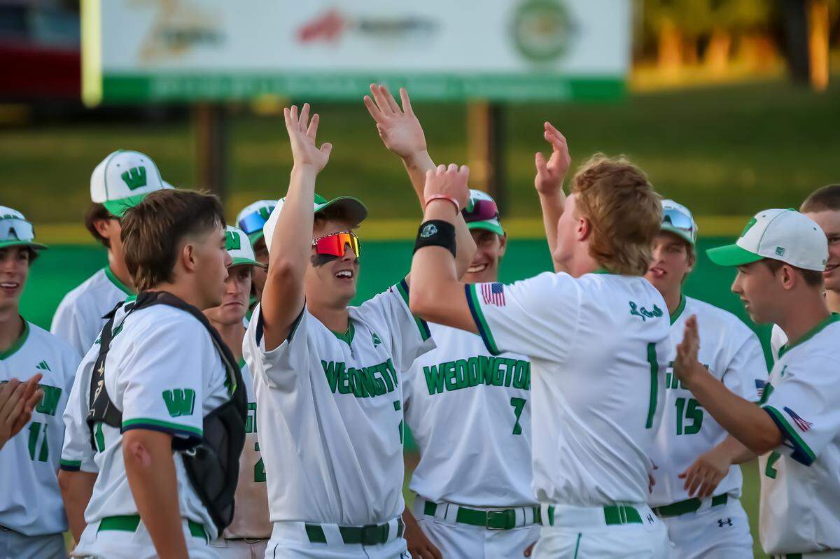 Weddington players celebrate Tuesday’s first round NCHSAA win over South Meck on May 6, 2025