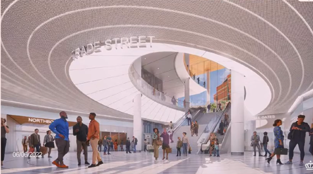 A rendering shows the inside of a proposed a high-rise building in place of the Charlotte Transportation Center next to the Spectrum Center. The Charlotte Hornets would have a practice facility inside.