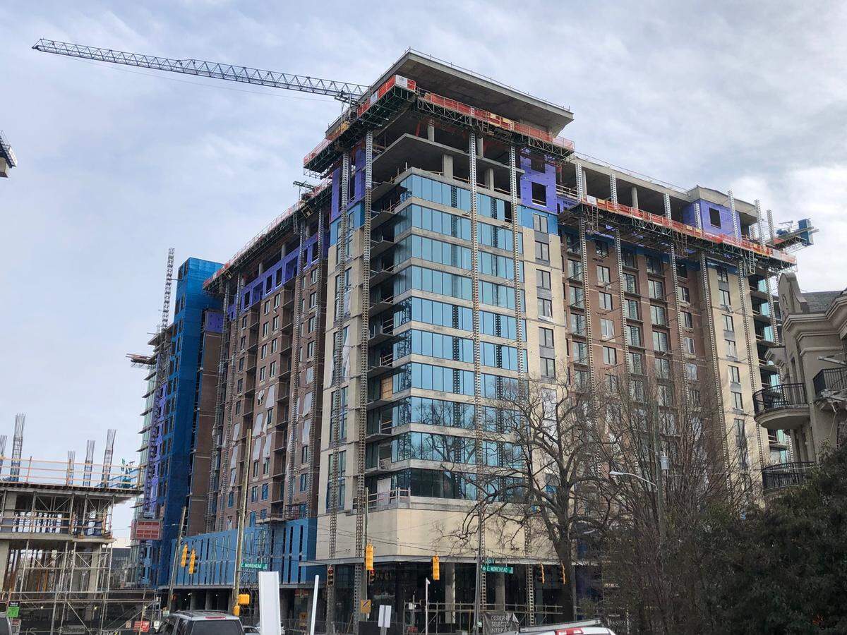 A construction site at E. Morehead St. and Euclid Ave. in Charlotte, NC on Tuesday, January 3, 2023. On Monday, January 2, 2023, three construction workers died after falling about 70 feet when scaffolding collapsed at the construction site near Uptown Charlotte.