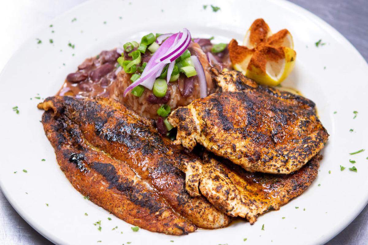The Bayou Platter at Cajun Queen includes chicken, catfish and red beans and rice.