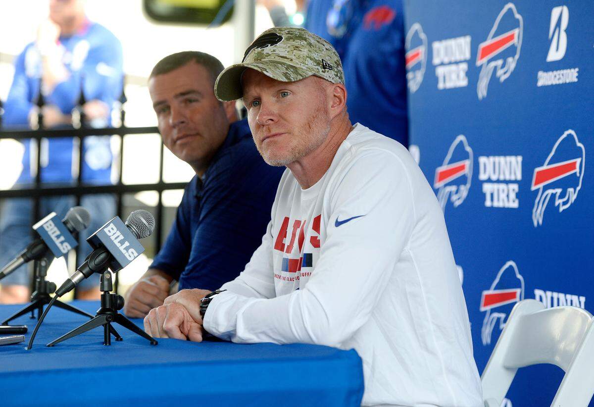 Bills head coach Sean McDermott, right, and general manager Brandon Beane have made a lot of moves involving ex-Panthers, prompting fans and media to dub Buffalo, “Carolina North.”